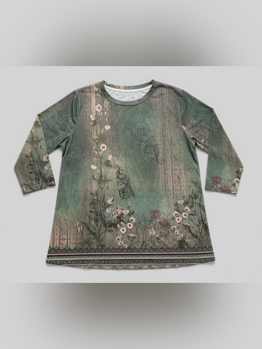 GICUAL Floral Print 3/4 Sleeve Tunic Top Size XL Green Gray New in Package